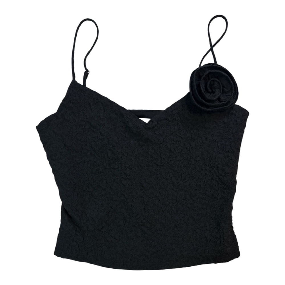 ASTR THE LABEL Rosette Flower Appliqué Spaghetti Strap Top Black Size M